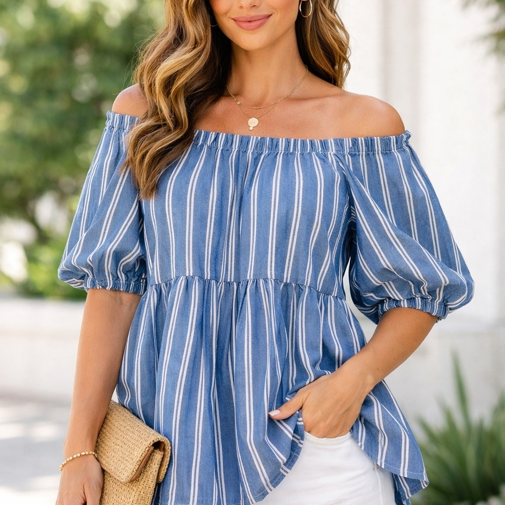 Blue Striped Off-Shoulder Women's Top - Picture 1 of 5